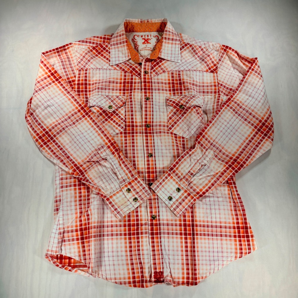 Twenty X Western Snap Shirt Women Large Orange Red Plaid Pearl Snap Cowgirl Top - Picture 1 of 6